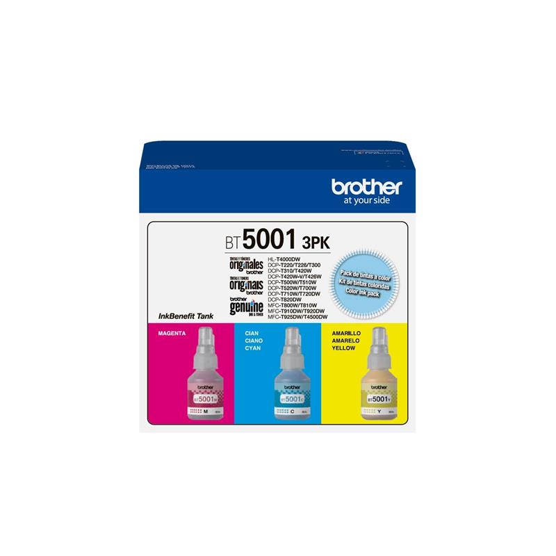 Botella de tinta Brother BT5001 Cian Magenta Amarilla Pack de 3